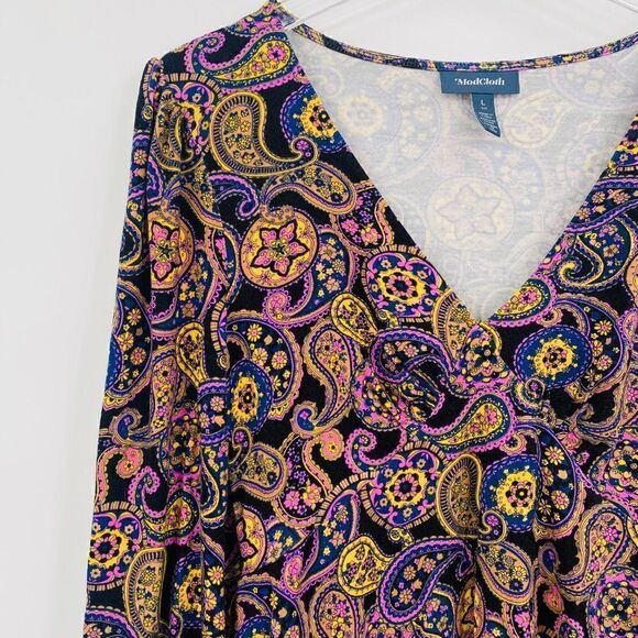Modcloth Size Large Country Royalty Paisley Print Jersey Knit V Neck Peplum Top - Picture 4 of 7